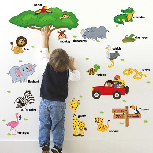 Đề can, Decal dán tường cho bé trai bé gái học các con vật tiếng anh, tranh dán tường trang trí phòng cho bé SK9084