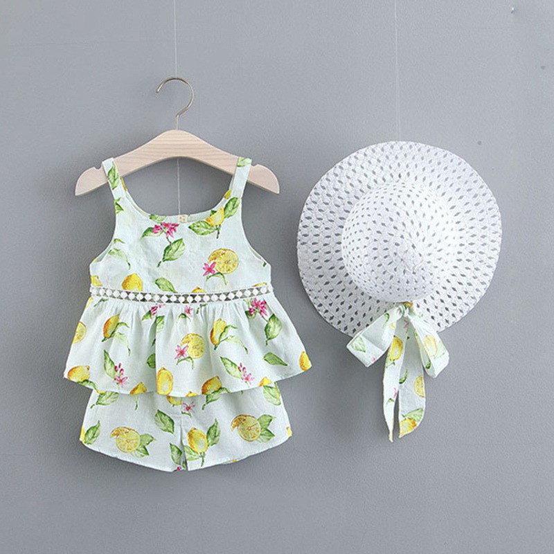 Bộ áo sát nách in hoa + quần ngắn + Mũ cho bé gái
