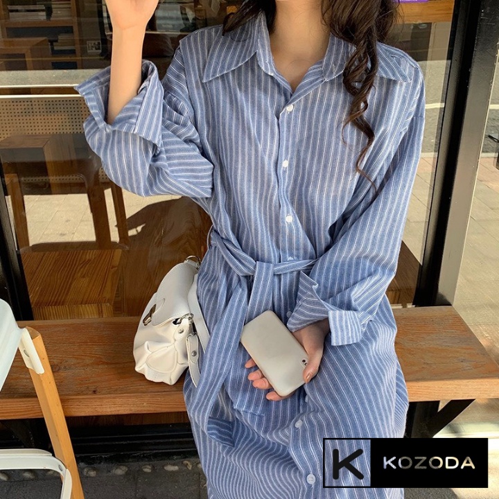 Váy sơ mi nữ dáng suông kẻ sọc dài tay kèm đai hai màu đen xanh phong cách Hàn Quốc mùa thu Kozoda D26 | BigBuy360 - bigbuy360.vn