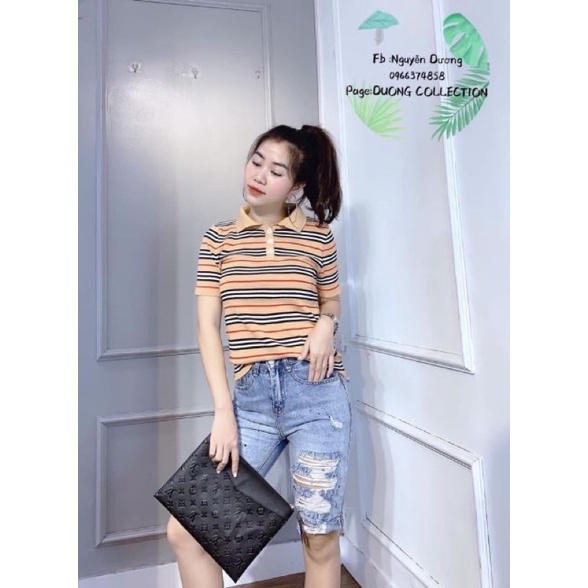 Áo len kẻ cổ bẻ sang chảnh