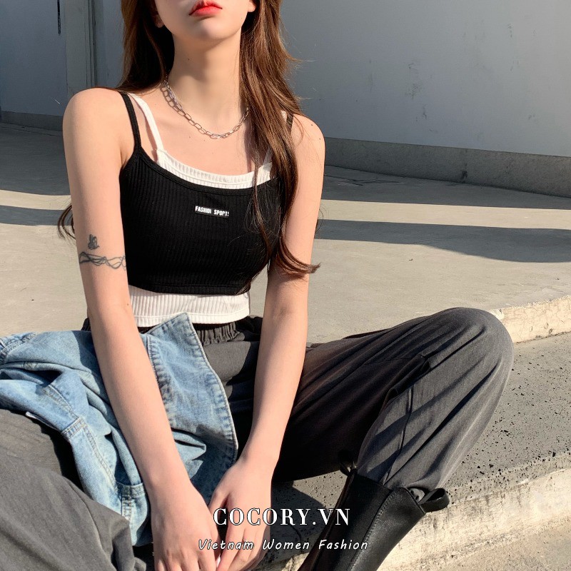 Cocory vn Áo thun 2 dây dệt kim phong cách Hàn Quốc gợi cảm cho nữ