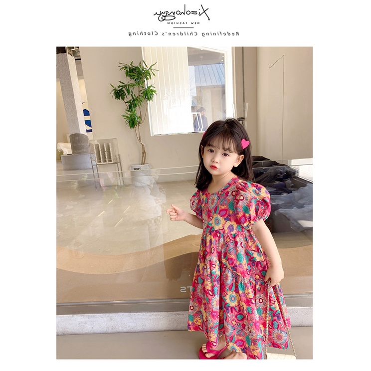 Váy babydoll bé gái họa tiết hoa to tay bồng cực dễ thương