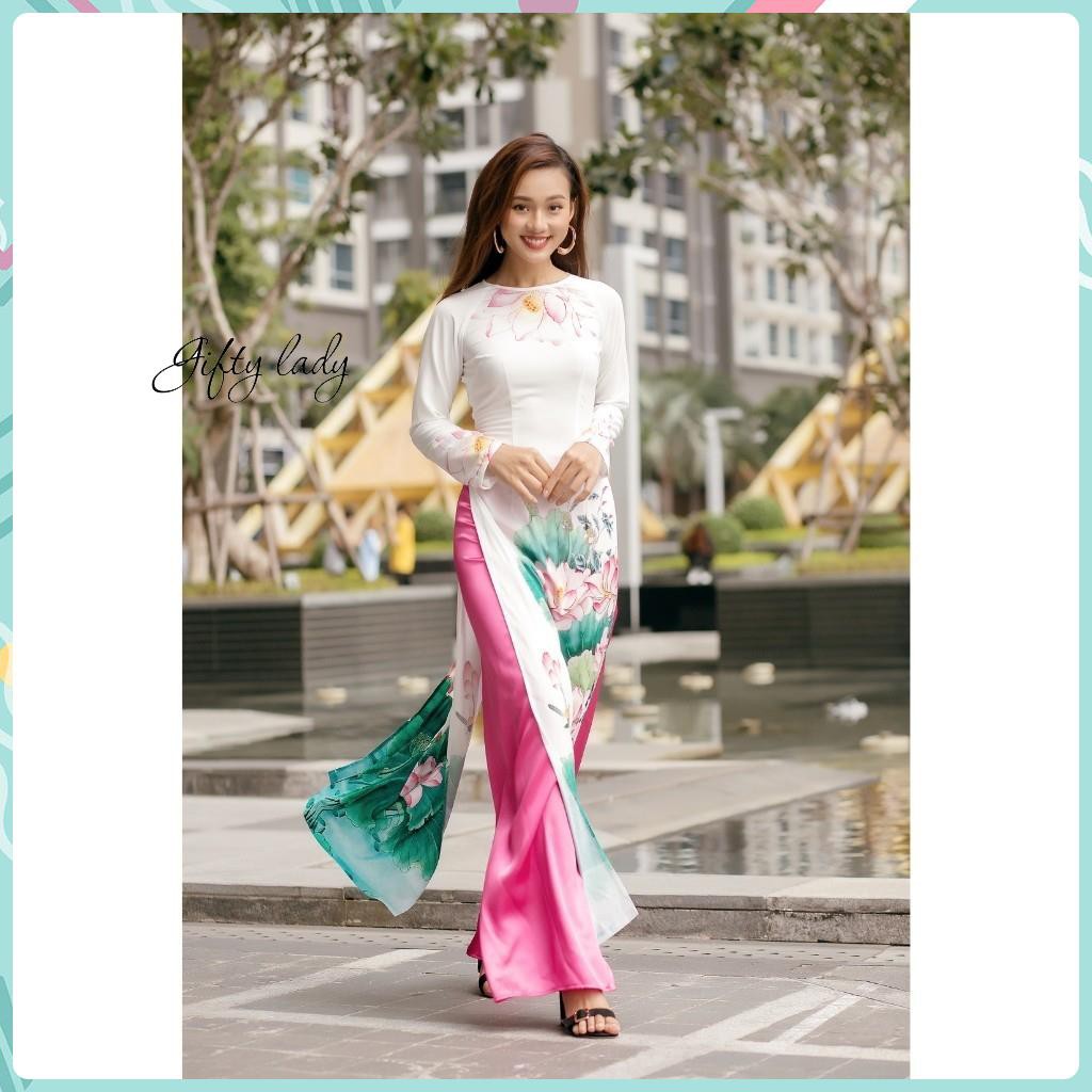 Áo Dài Truyền Thống Nữ Trắng Cổ Tròn, Áo Dài Vải Lụa In Họa Tiết Hoa Sen Đẹp, Tinh Tế, Form Dáng Ôm Nữ Tính, Giftylady | BigBuy360 - bigbuy360.vn