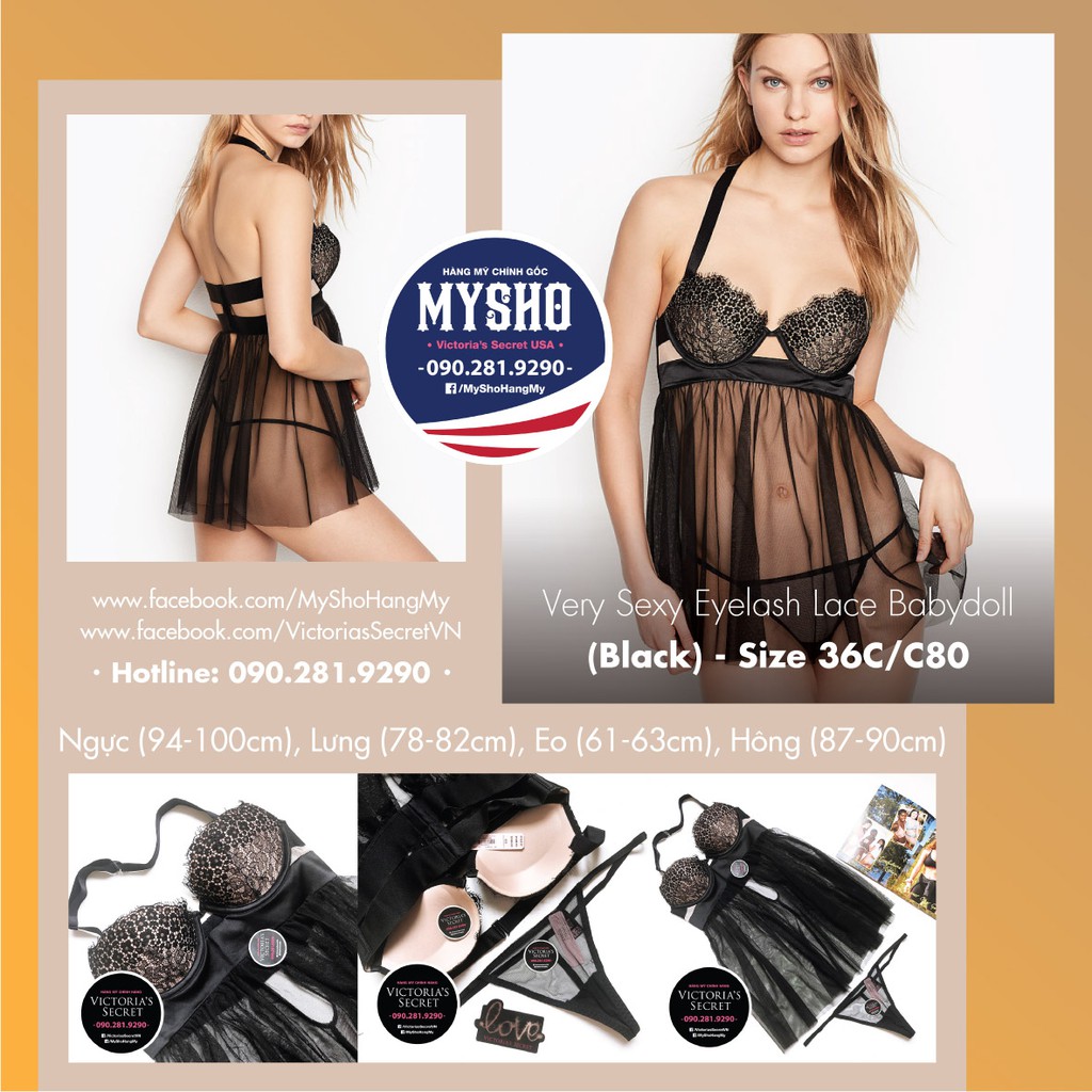 [Size M] Bộ đồ ngủ sexy và gợi cảm, Very sexy Eyelash Lace Babydoll (Black)