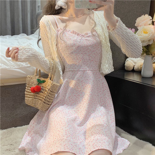 Váy hoa nhí hai dây ngực bèo dáng ngắn phối cardigan thun hè Ulzzang Style 🌸 Hàng Quảng Châu