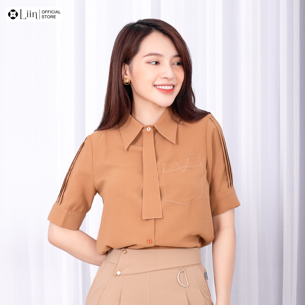 Áo sơ mi Linbi Cộc tay màu Nâu thiết kế kèm Cavat trẻ trung, hiện đại liin clothing SM3561