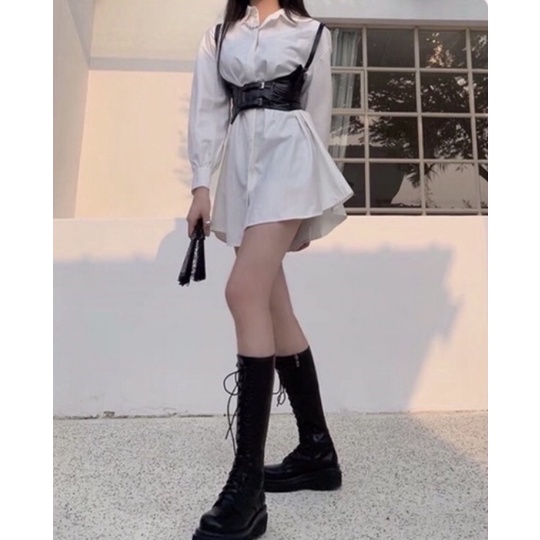 Đai lưng corset có dây, áo nịt ngực nịt bụng vintage gothic bằng da