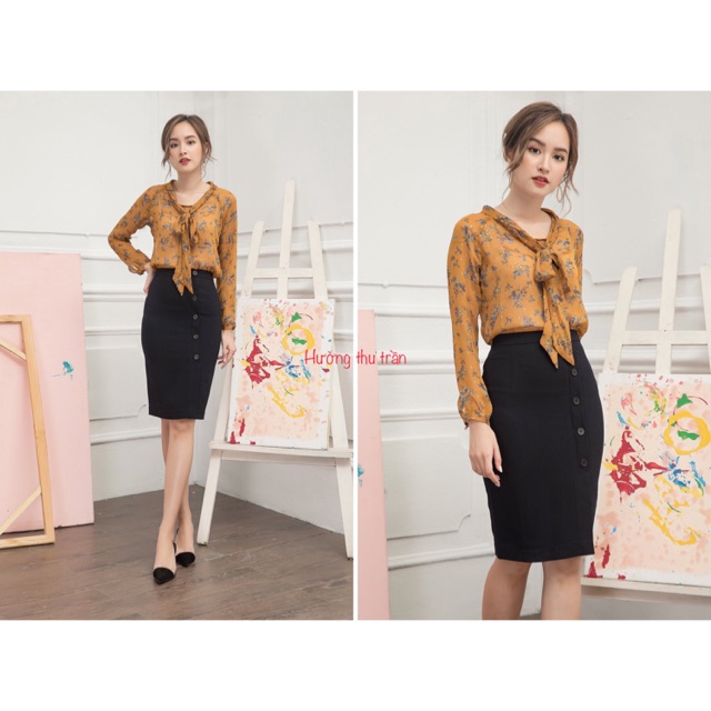 Chân Váy Bút Chì Dài Chân Váy Công Sở Phối Cúc Thời Trang Công sở