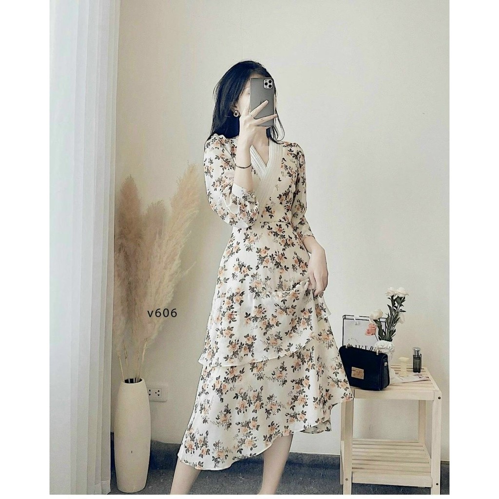 Đầm hoa vintage dáng dài ôm eo, thiết kế maxi cổ V tay bồng, phong cách retro VD014 | BigBuy360 - bigbuy360.vn