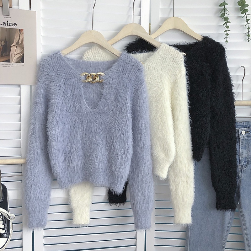 Áo len croptop lông cổ phối móc xích (ẢNH CẬN CHẤT)