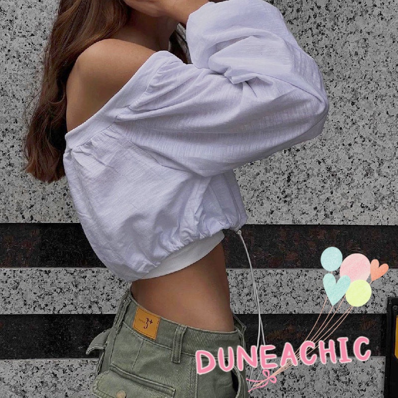 DUNEA Áo Croptop Tay Dài Thiết Kế Trễ Vai Quyến Rũ
