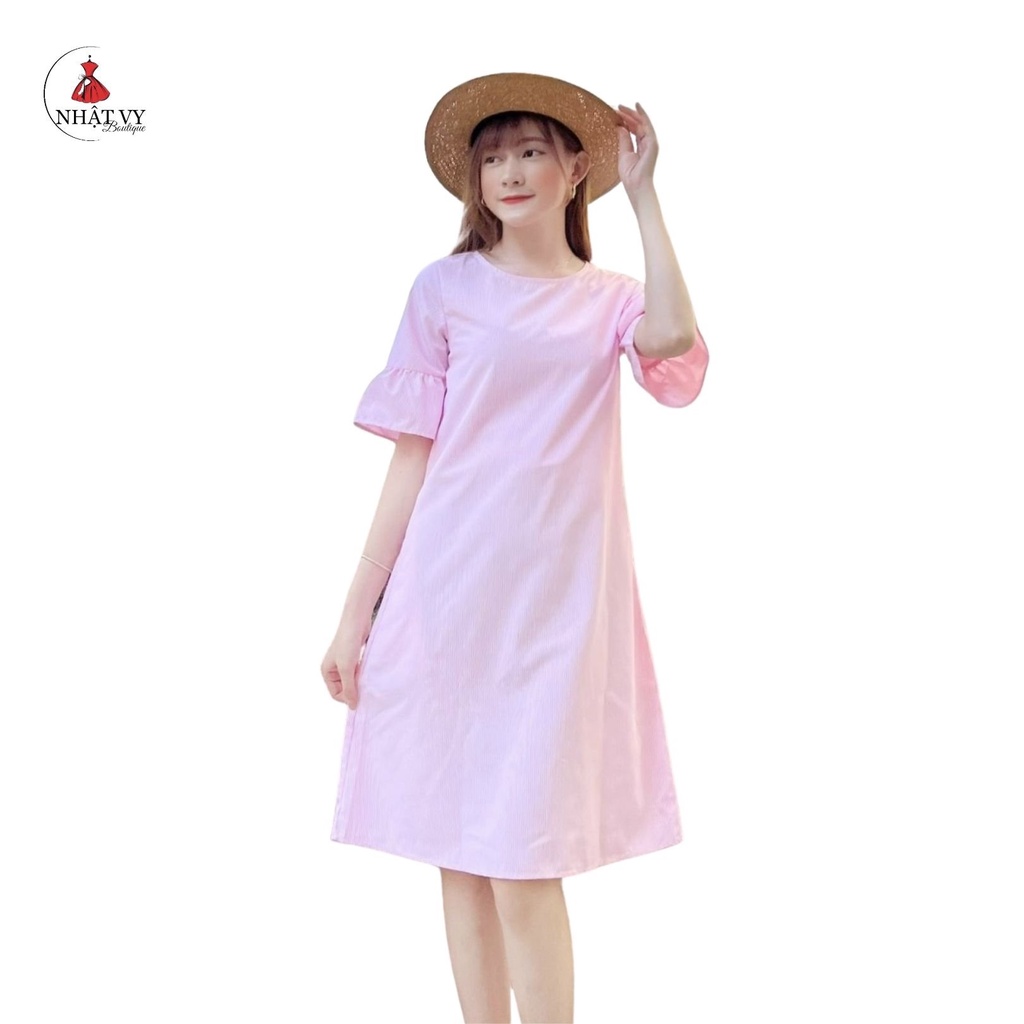 Đầm Nữ NHẬT VY Hoạ Tiết Sọc Phối Đuôi Cá Chất Kate Sọc Có Túi Đi Chơi Dáng Suông Màu Xanh, Hồng - D2151