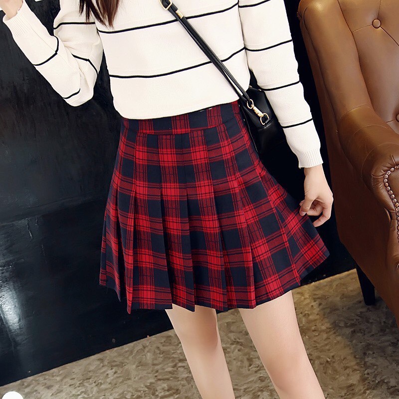 Chân Váy Nữ Xếp Li Kẻ Caro Đen Đỏ, Trắng Đen