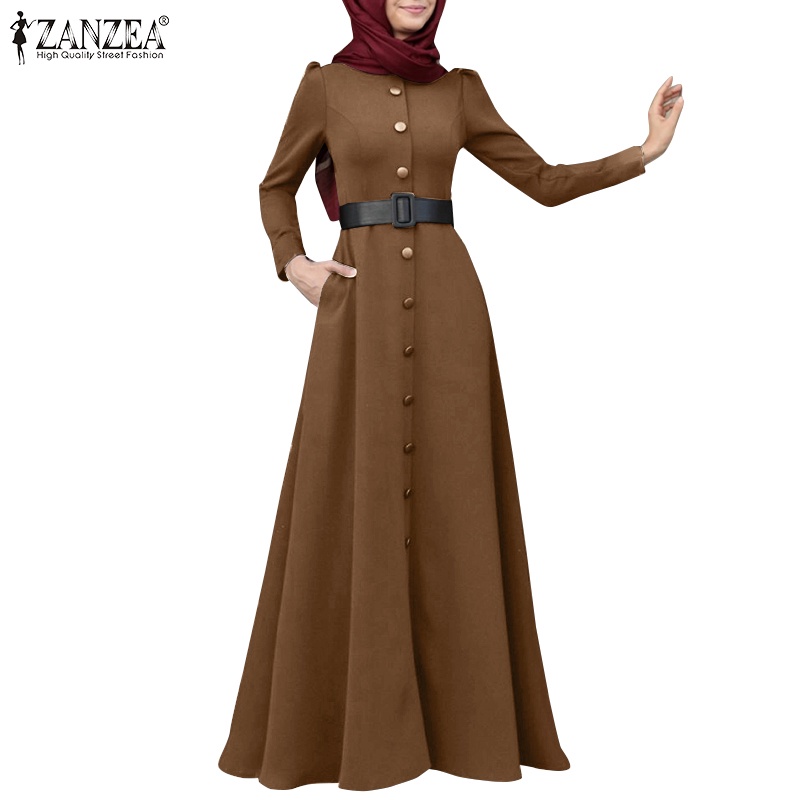 Đầm maxi Zanzea tay dài cài nút phong cách vintage Hồi Giáo cho nữ