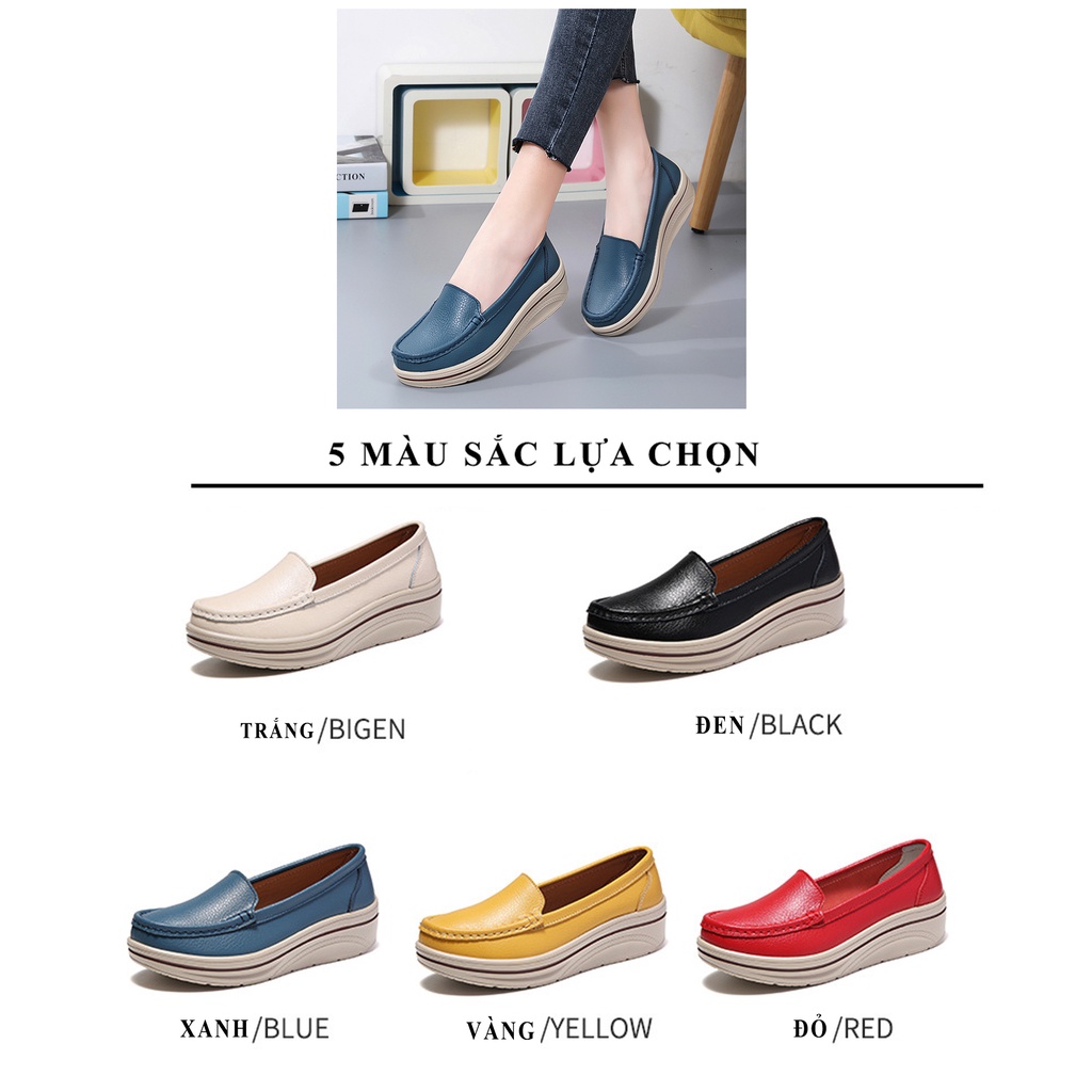 Giày nữ da bò thật HT.NeO , Giày nữ da trơn đế bằng tăng chiều cao 5cm dáng thể thao êm mềm phong cách 4 màu 5058