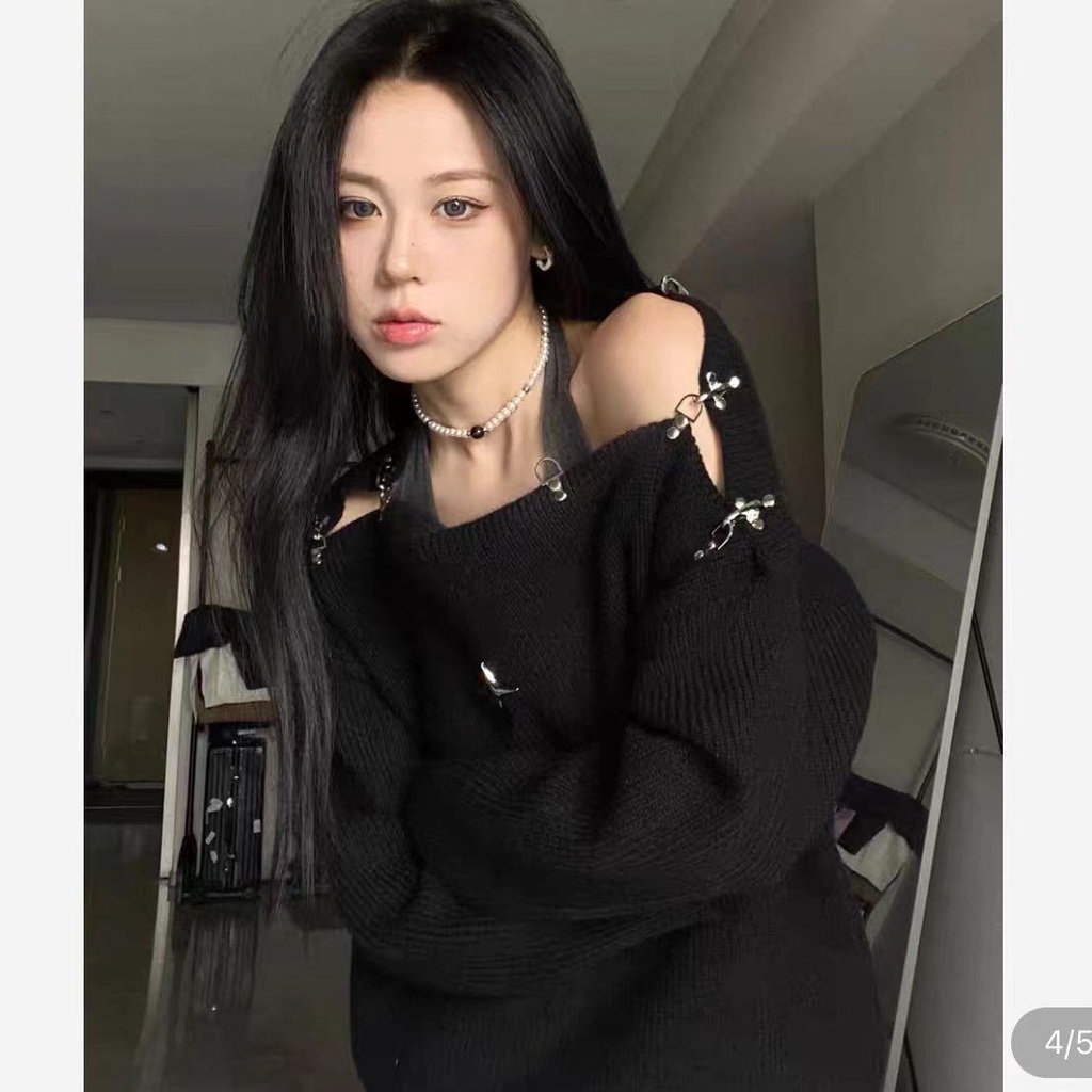 Áo sweater dệt kim một dây hở vai phối khóa máy bay thời trang mùa thu trẻ trung