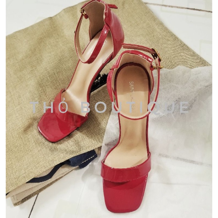 Giày sandal cao gót Saint Lau.ren độc lạ gót chữ Appelle Mol quai ngang đỏ da bóng 10cm size 35-36-37-38-39