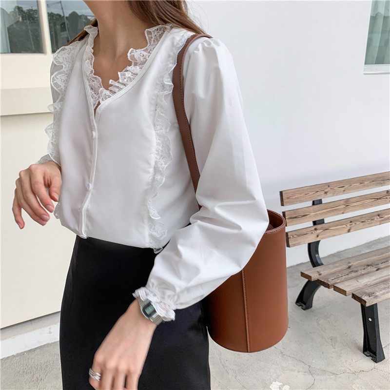 Áo sơ mi nữ trắng phối ren dài tay cổ chữ V đẹp dễ thương xinh xắn