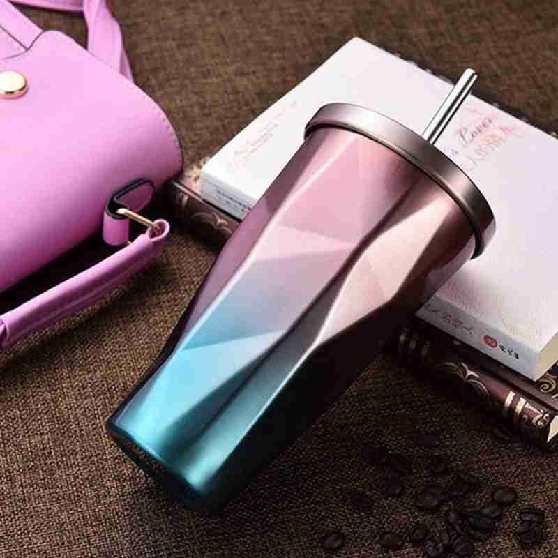 Stainless Steel Tumbler with Straw Double Wall 500ML (Pink + blue)