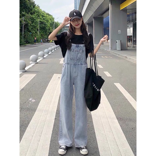 [KÈM ẢNH THẬT + SẴN] yếm quần bò dài retro ống suông rộng phủ giày trẻ trung