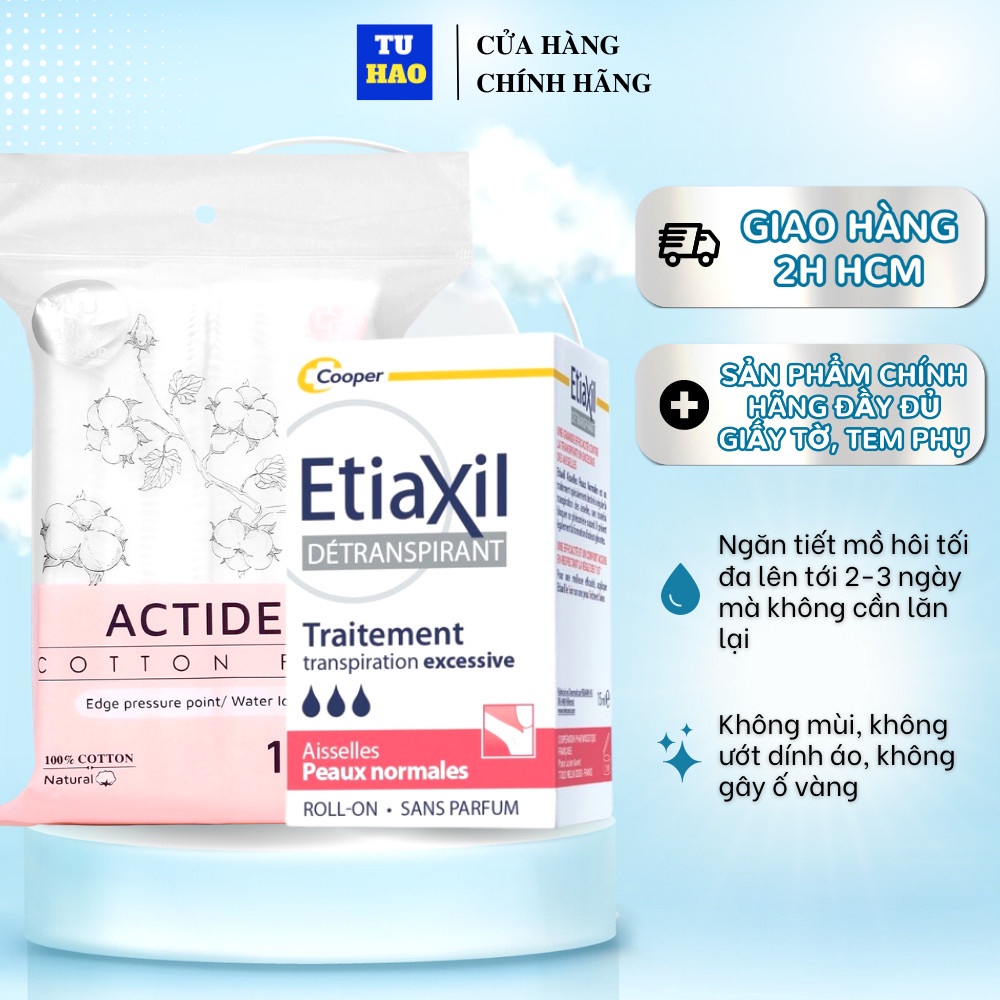 Combo Lăn Khử Mùi Giảm Mồ Hôi Etiaxil Dành Cho Da Thường 15ml Màu đỏ  + Bông Tẩy trang Actidem 120m