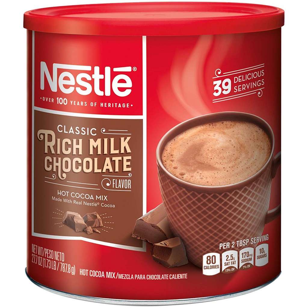 [LON THIẾC 787.8G] CACAO NÓNG NESTLE HOT COCOA MIX RICH MILK CHOCOLATE FLAVOR (CHUẨN USA)