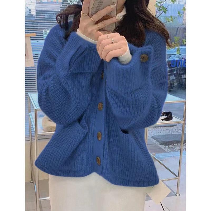 Mori Series First Love Milk Áo Khoác Cardigan Sweater Dệt Kim Mềm Màu Xanh Dương Sữa Cài Khuy Măng Sét Thiết Kế Túi Lớn Phong Cách Hàn