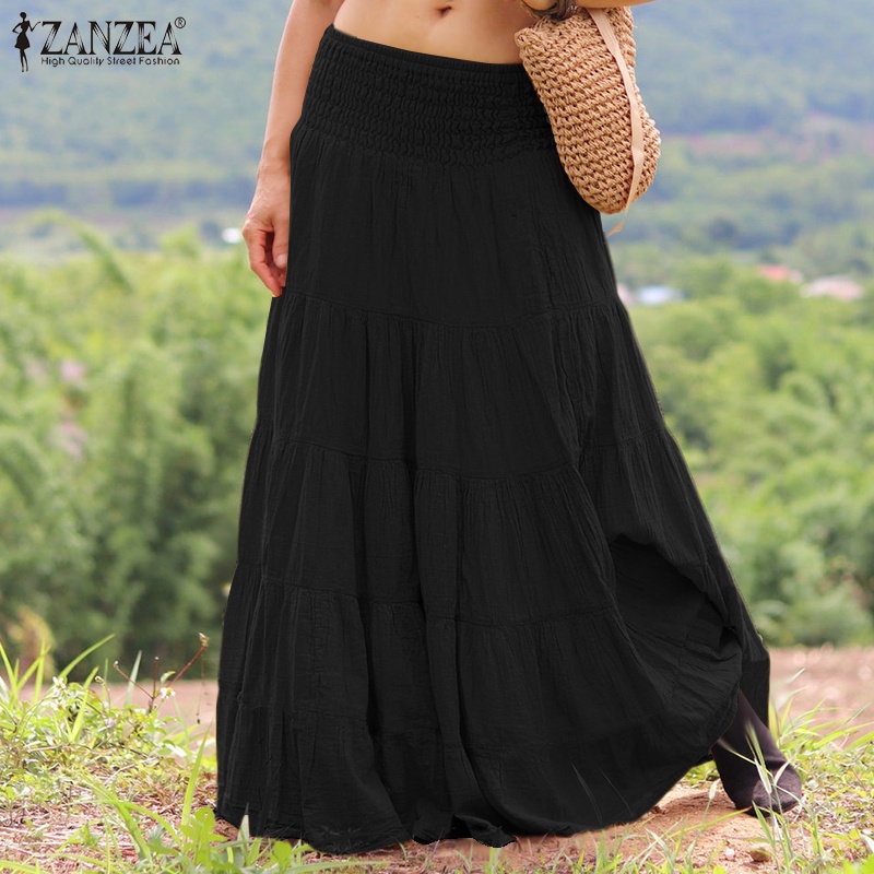 Chân váy maxi ZANZEA tà xòe rộng eo co giãn màu trơn thời trang retro cho nữ