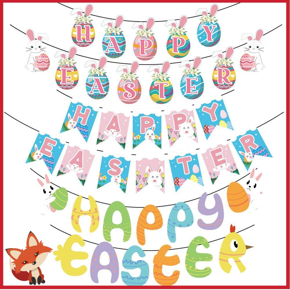 Dây Cờ Bằng Giấy Treo Trang Trí Tiệc Họa Tiết Thỏ Phục Sinh Độc Đáo