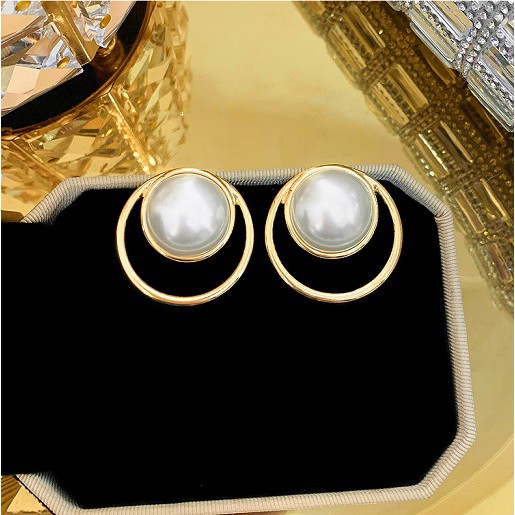 Bông tai tròn trắng viền vàng đồng sang chảnh BT174