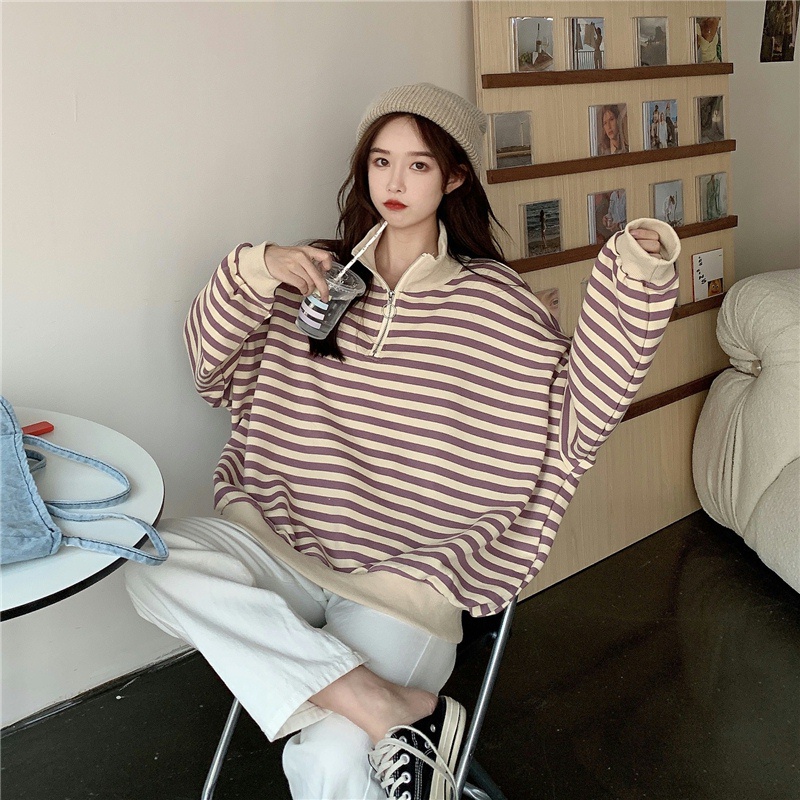Áo sweater tay dài cổ bẻ kẻ sọc caro phối khóa kéo kiểu Hàn Quốc cá tính | BigBuy360 - bigbuy360.vn