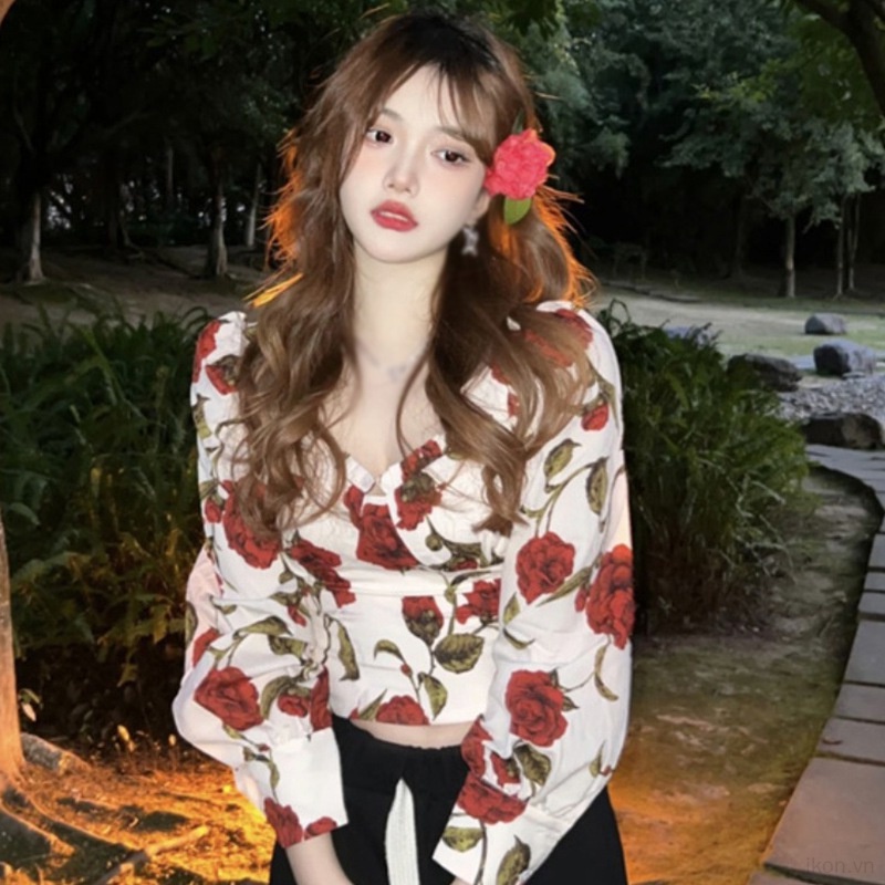 Áo Kiểu Cổ Vuông Ôm Dáng In Họa Tiết Hoa Hồng Phong Cách Hàn Quốc Thời Trang Mùa Xuân Xinh Xắn