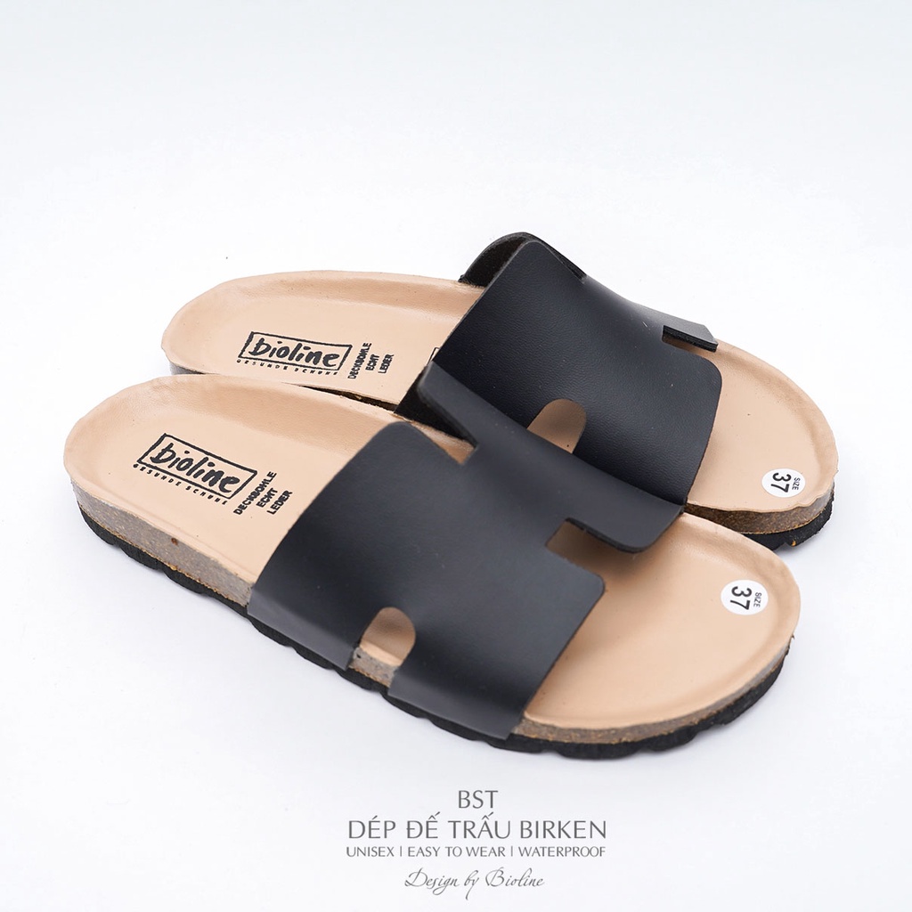 PUK04 - CHỐNG NƯỚC - Dép đế trấu Birken nam nữ Unisex, quai chữ H, da PU cao cấp, dép công sở chính hãng Bioline