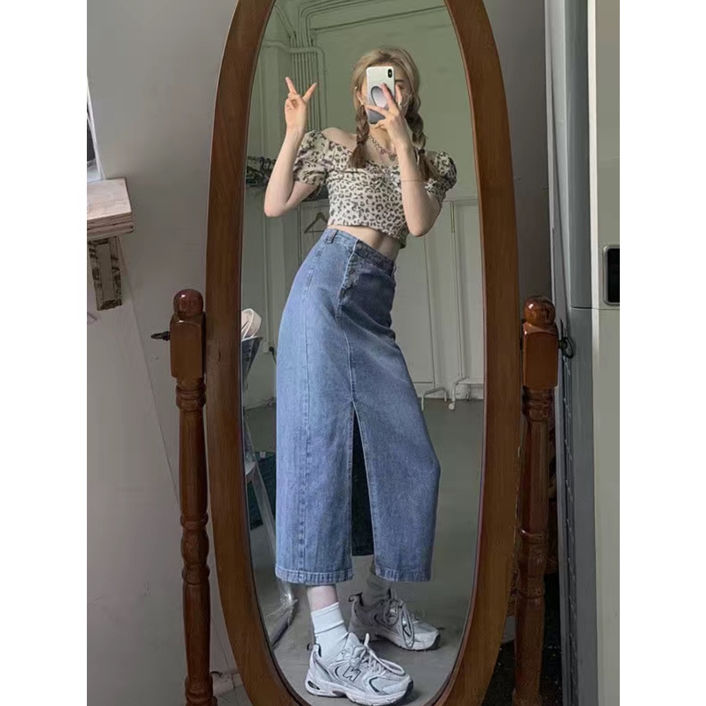Chân váy jeans xẻ chéo dáng dài thiết kế 3 hàng cúc thời trang nữ tính phong cách giới trẻ Hàn Quốc