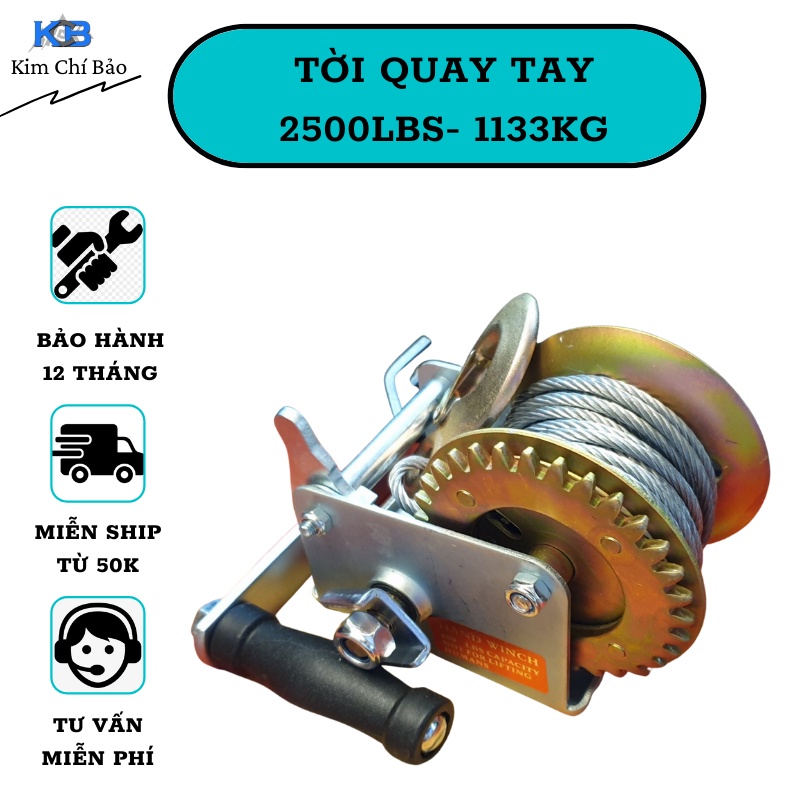 Tời quay tay 2500lbs KCB - Bánh răng đồng tải trọng 900-1135 Kg, cáp 10M