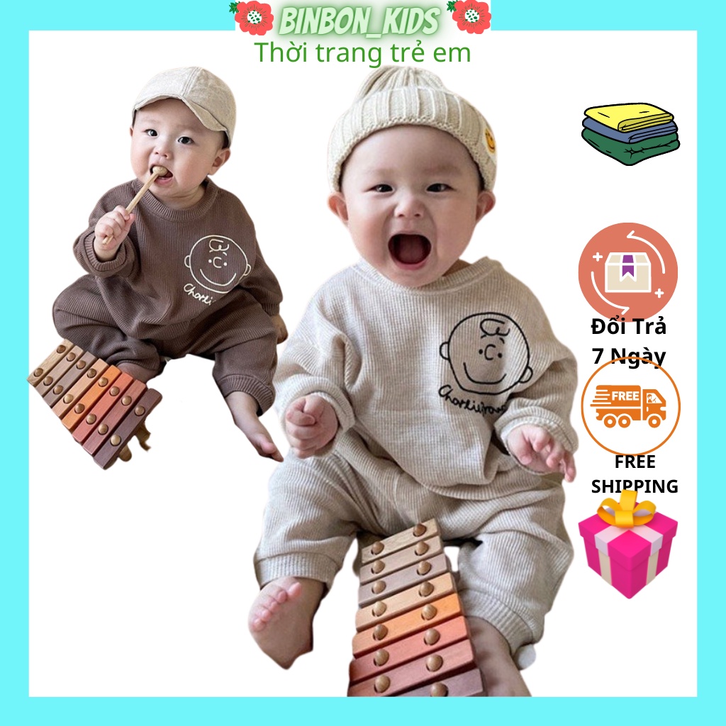 Bộ quần áo dài tay thu đông cho bé trai in chú chó, đồ thu đông cho bé trai thun tổ ong mặc nhà BINBON KIDS 7kg đến 17kg
