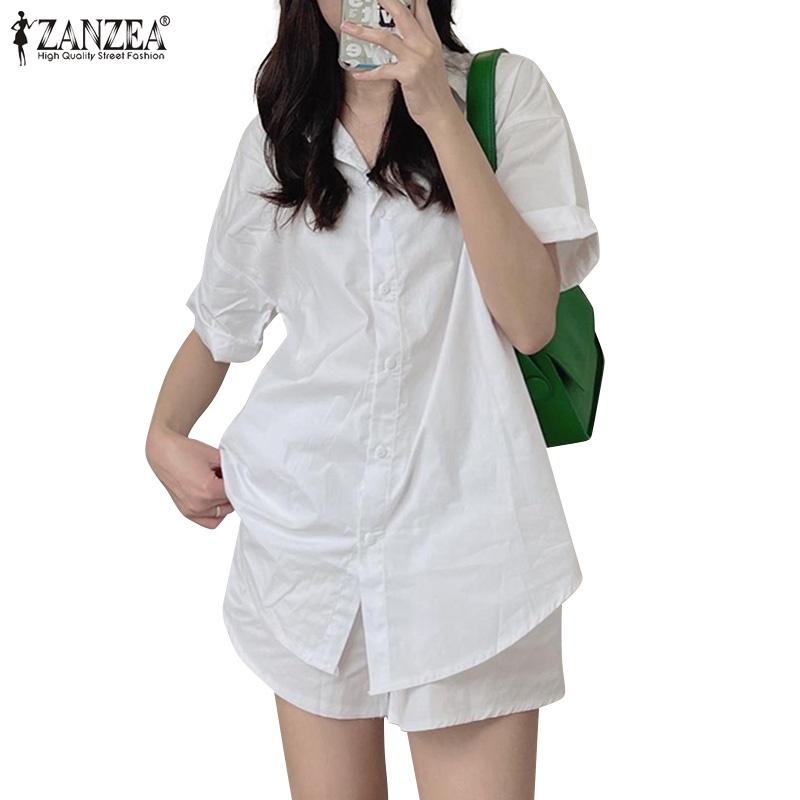 Bộ 2 món ZANZEA áo sơ mi ngắn tay + quần short lưng thun dáng rộng thời trang cho nữ