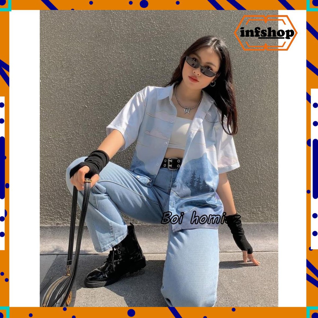 🆗 [ HÓT ] Áo sơ mi tay ngắn họa tiết MOUTAIN BLUE MENDE tay lỡ, FORM UNISEX 👕👖