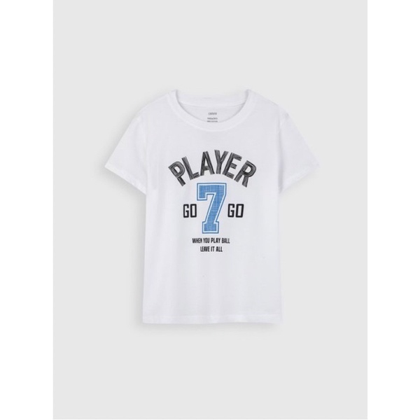 Áo phông bé trai Canifa màu trắng chất liệu cotton chữ PLAYER 7