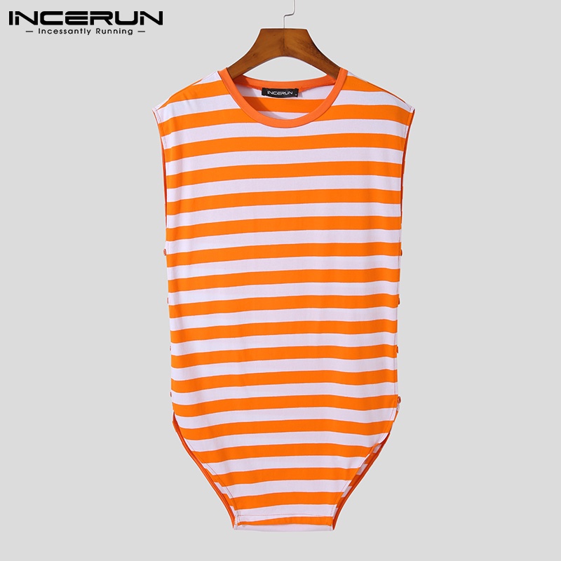 Áo liền quần INCERUN sát nách cổ tròn kẻ sọc xẻ tà bên hông gợi cảm cho nam