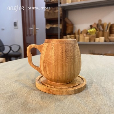 Bộ cốc Tre ONGTRE có quai và Lót ly uống Trà, Cà phê cao cấp, sang trọng