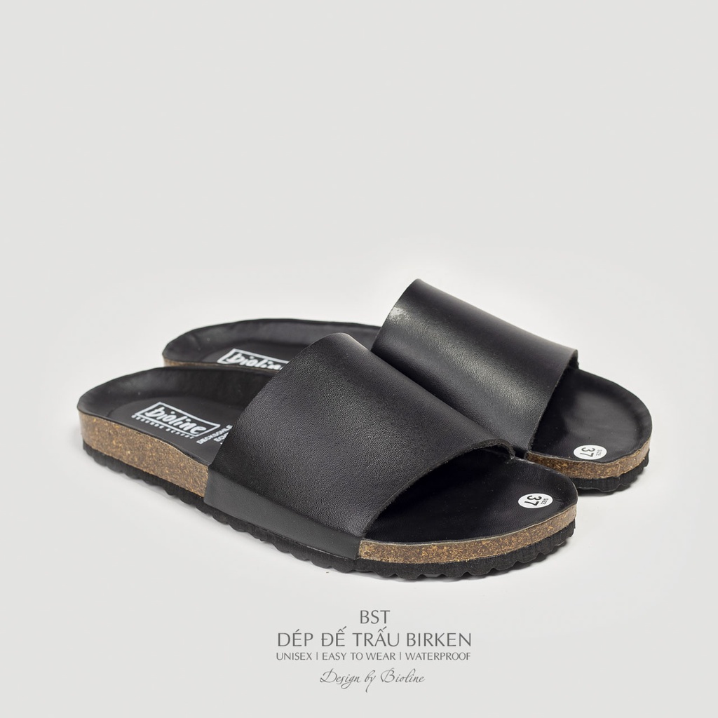 PUK05 - CHỐNG NƯỚC - Dép đế trấu Birken nam nữ Unisex, quai ngang, da PU cao cấp, dép công sở chính hãng Bioline