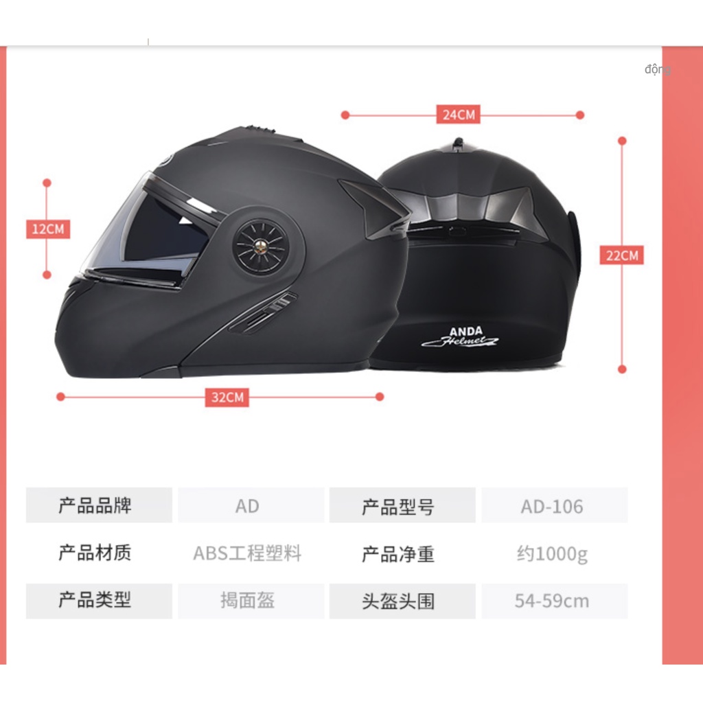 Mũ bảo hiểm full face lật hàm 2 kính AD Helmet - Có đèn LED