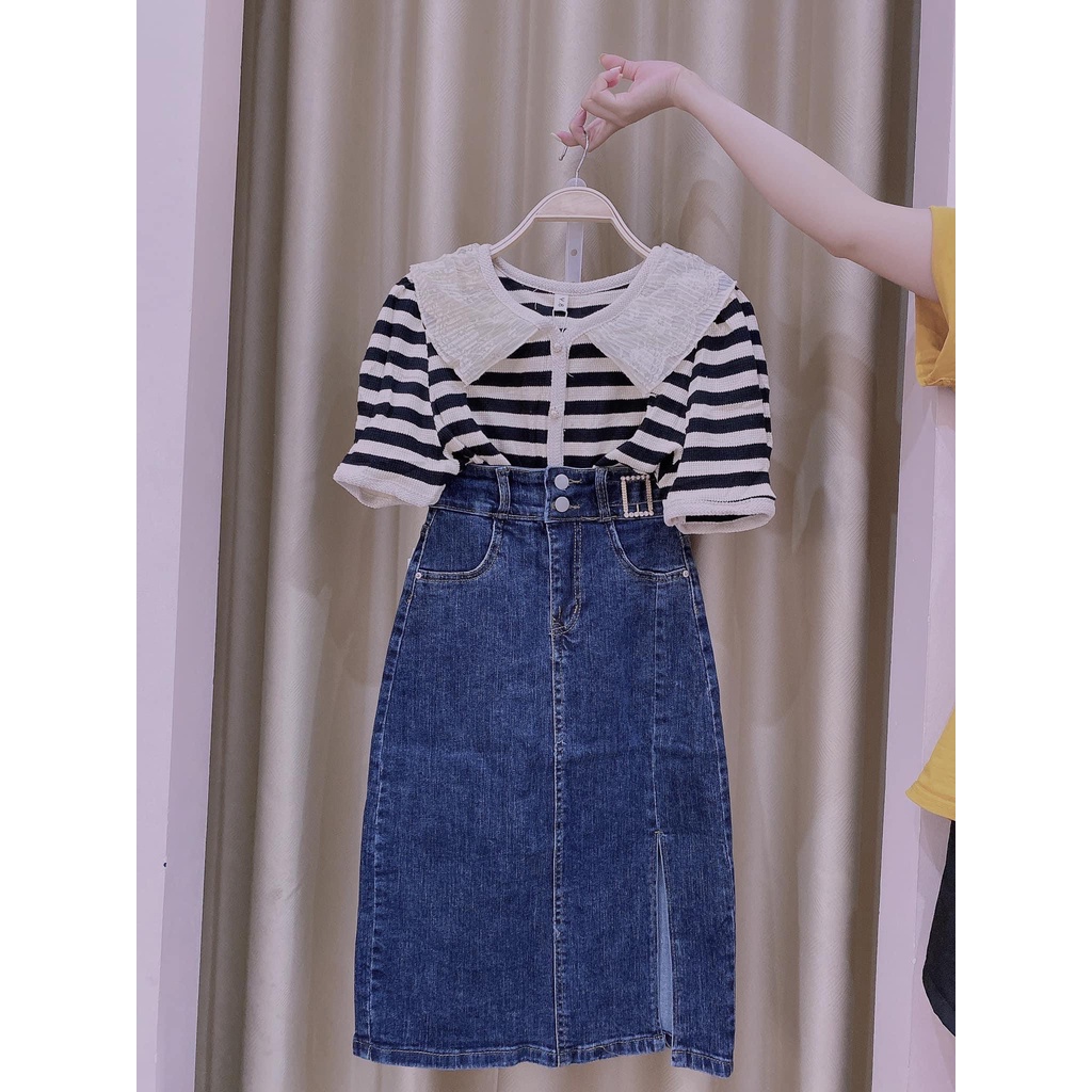 Set Đồ Nữ Áo Ngắn Tay Họa Tiết Kẻ Ngang Và Chân Váy Jean Bò Dáng Dài