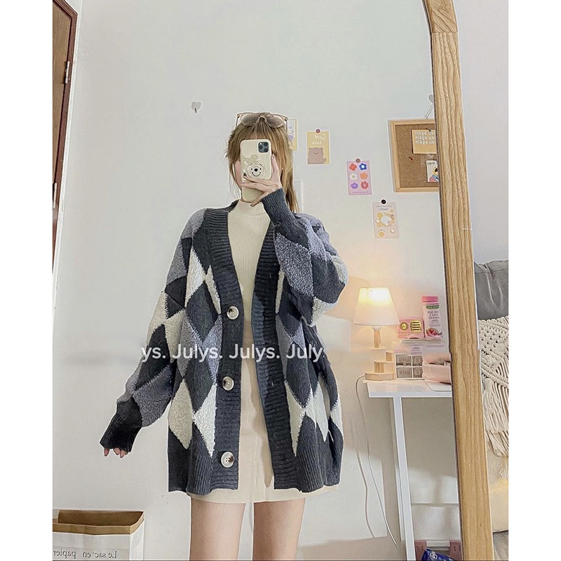 Áo Khoác Cardigan Len Kim Cương Phối Màu Siêu Đẹp M212-Violet