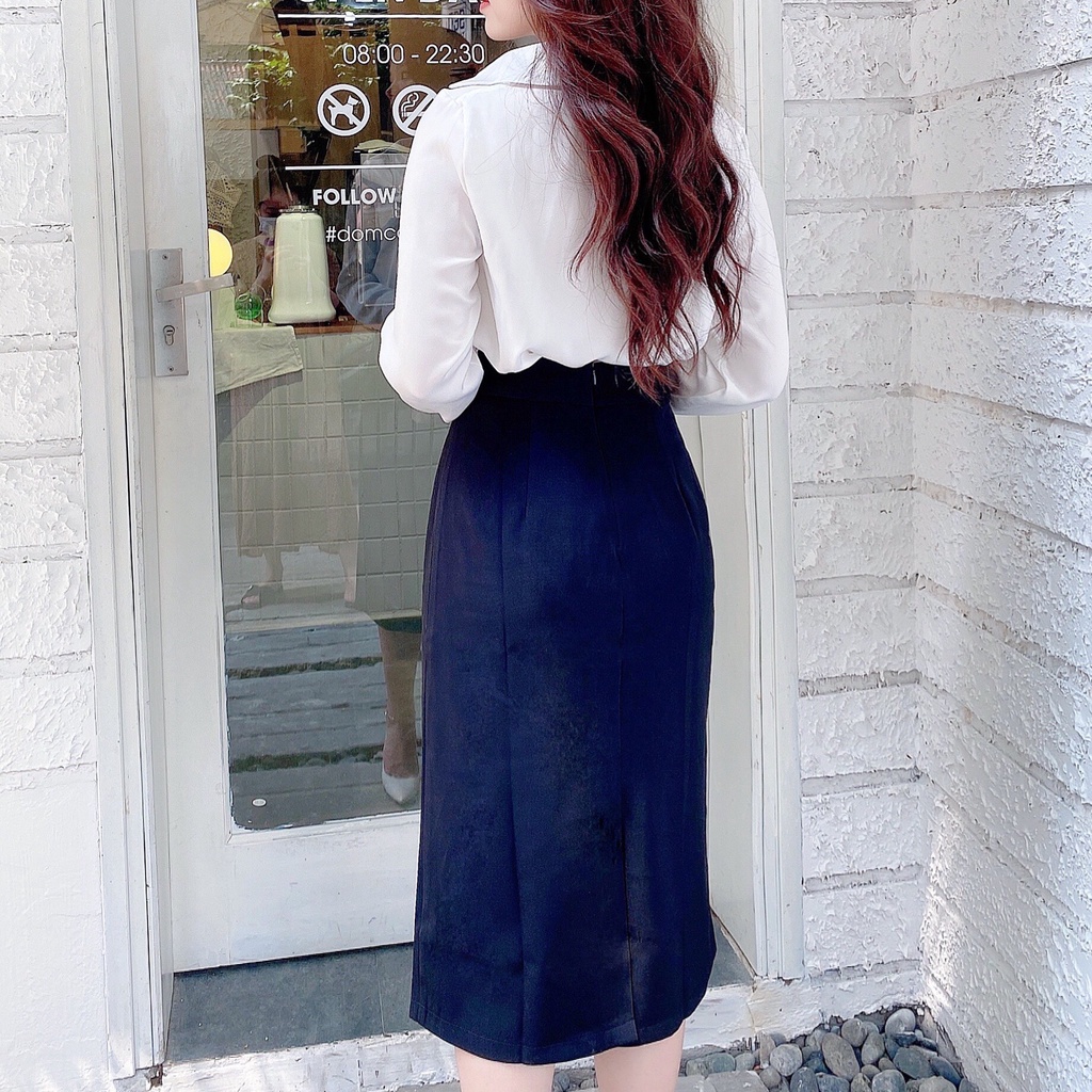 Chân váy midi dài qua gối công sở xẻ sau 2 lớp HILA