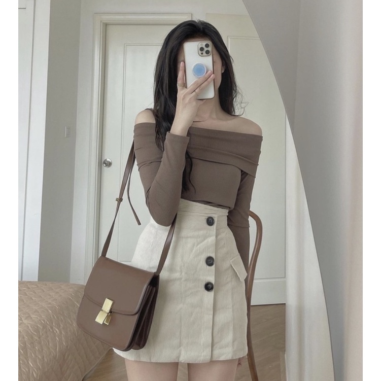 Chân váy nhung tăm dáng ngắn hàng QC vạt lệch Okella CV017 | BigBuy360 - bigbuy360.vn