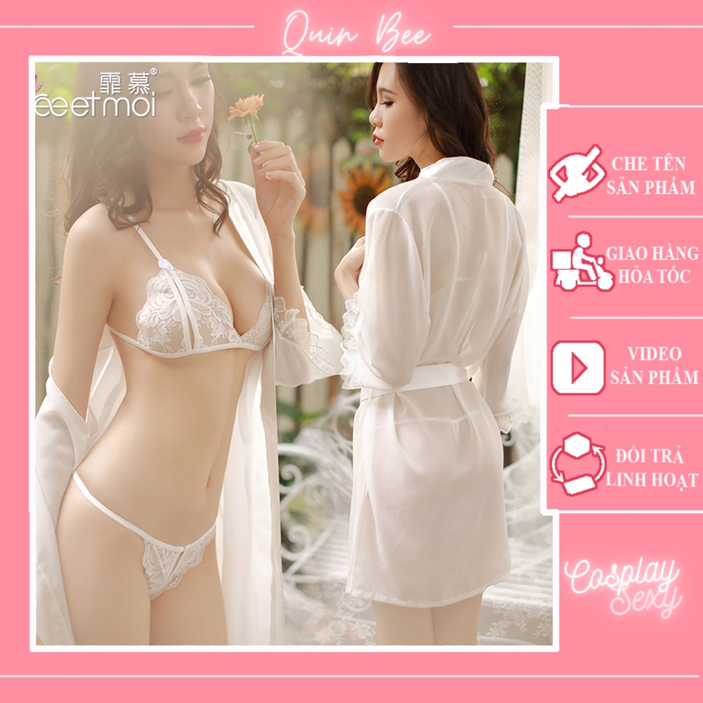 Set áo choàng ngủ sexy kèm bộ đồ lót ren lọt khe sexy xuyên thấu acbi001 - QuinBee