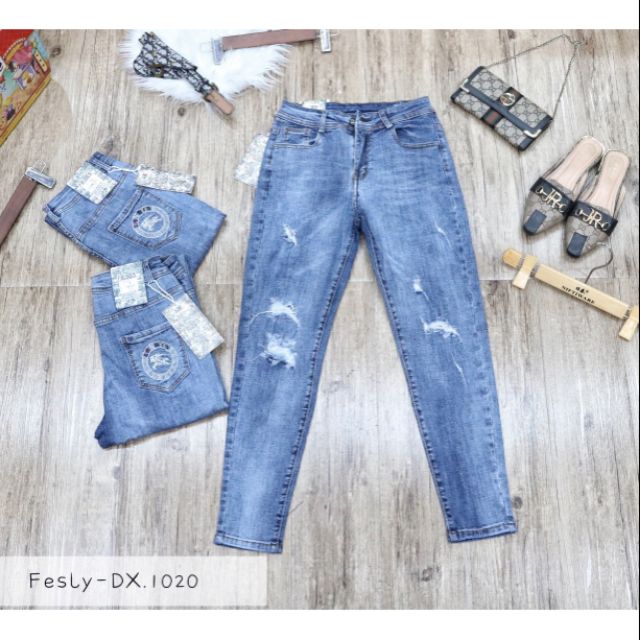 Quần Jean Nữ Baggy Xanh Thêu Túi Sau Túi Lưng Cao [Ảnh Thật]