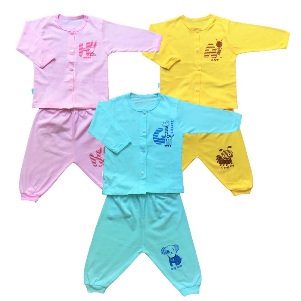 Bộ quần áo sơ sinh cotton Tay Dài Màu Cài Nút Giữa Thái Hà Thịnh cho bé trai, bé gái, chất vải mềm, mịn, thoáng mát